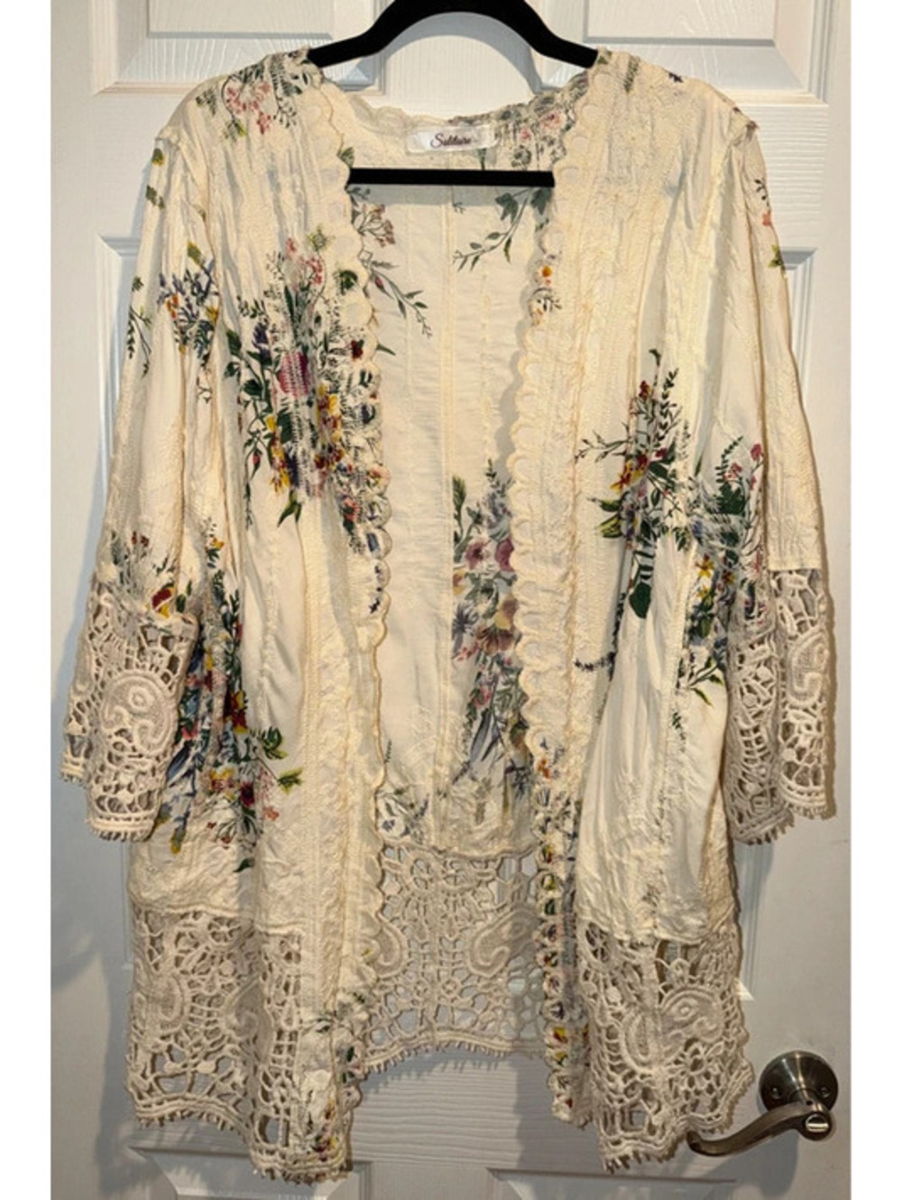 Solitaire Cream Floral Embroidered Crochet Kimono Cardigan XL